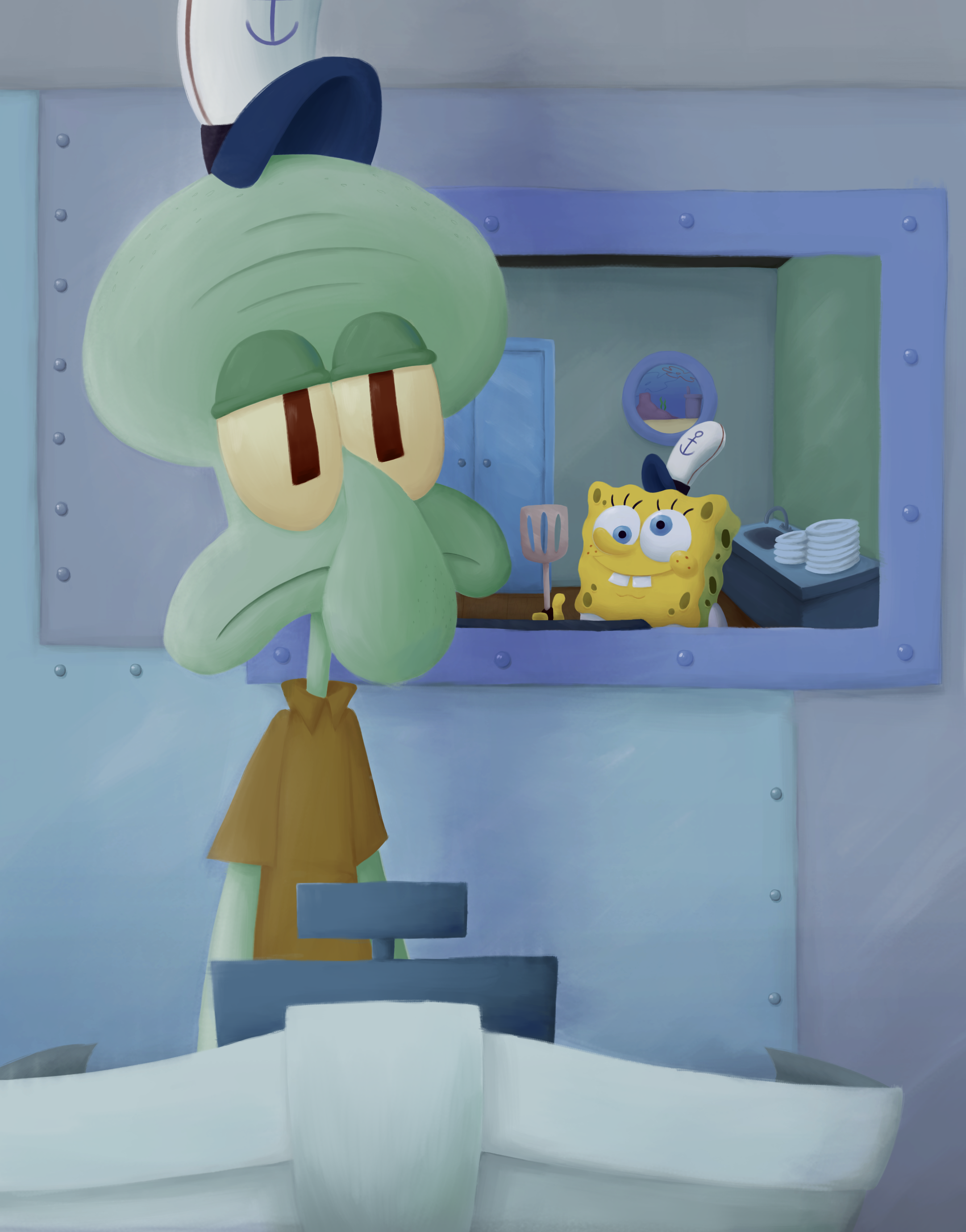 Portrait of Squidward in the Early Northern Renaissance-esque artstyle